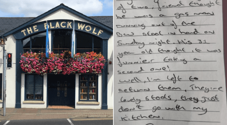 A Dublin pub has shared a brilliant apology it received after two bar stools were stolen A Dublin pub has shared a brilliant apology it received after two bar stools were stolen