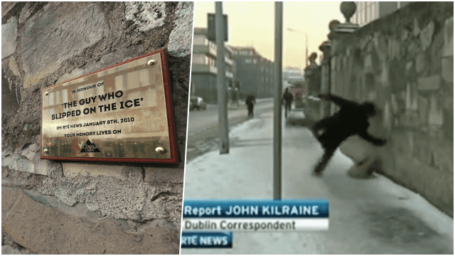 Plaque erected to commemorate guy who slipped on the ice on RTE News Plaque erected to commemorate guy who slipped on the ice on RTE News