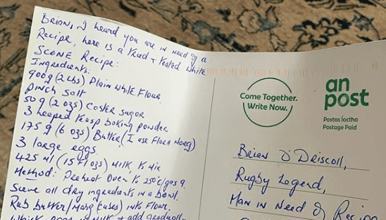 An Post successfully delivers scone recipe addressed to ‘Brian O’Driscoll, rugby legend’ An Post successfully delivers scone recipe addressed to ‘Brian O’Driscoll, rugby legend’