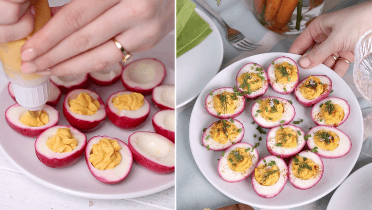 These pink deviled eggs make for a perfect side-dish this Easter These pink deviled eggs make for a perfect side-dish this Easter
